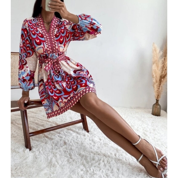 Boho Lantern Sleeves Belted Dress - Picture 5 of 7